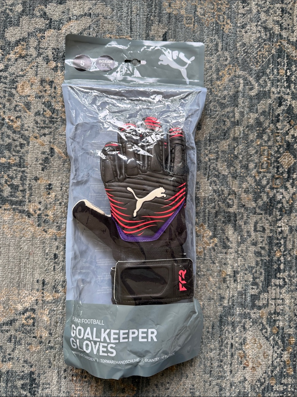 New in package Puma Black Goalkeeper Gloves with Pink & Purple Accents - size 5
